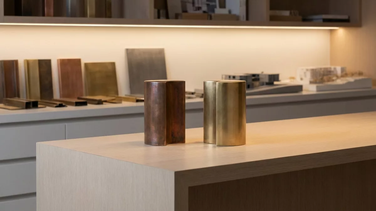 Comparaison visuelle entre des pièces en bronze rougeâtre et en laiton doré pour illustrer leurs différences.